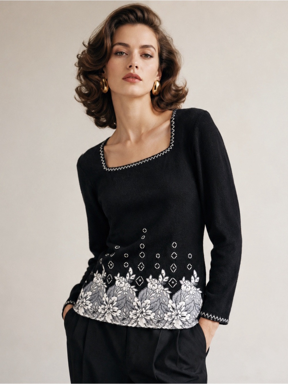 VTG ESCADA Woman Black Wool Cashmere Silk Floral Lace Embroidery Knit Top Luxury